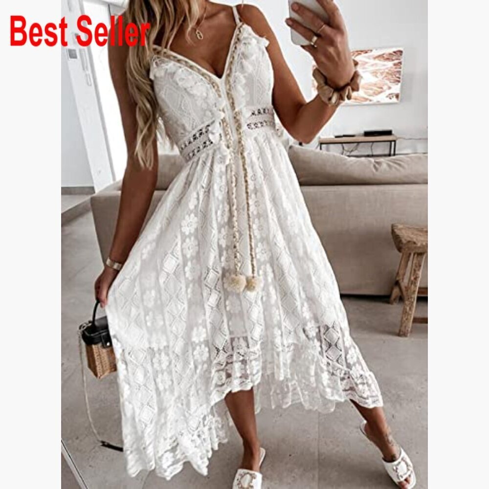 Cotton Blend Maxi Dress with Lace Tassel Adjustable Straps Sleeveless - Picture 3 of 7